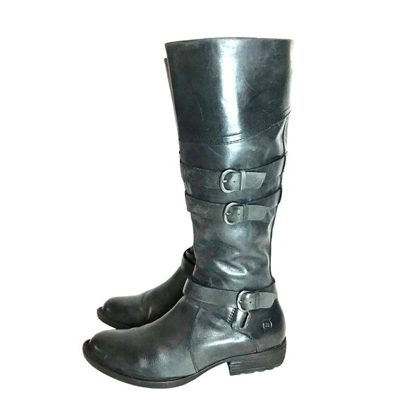 BORN Black Leather Tall Knee High Wide Calf Boot Womens 7 Side Zip - Picture 4 of 10
